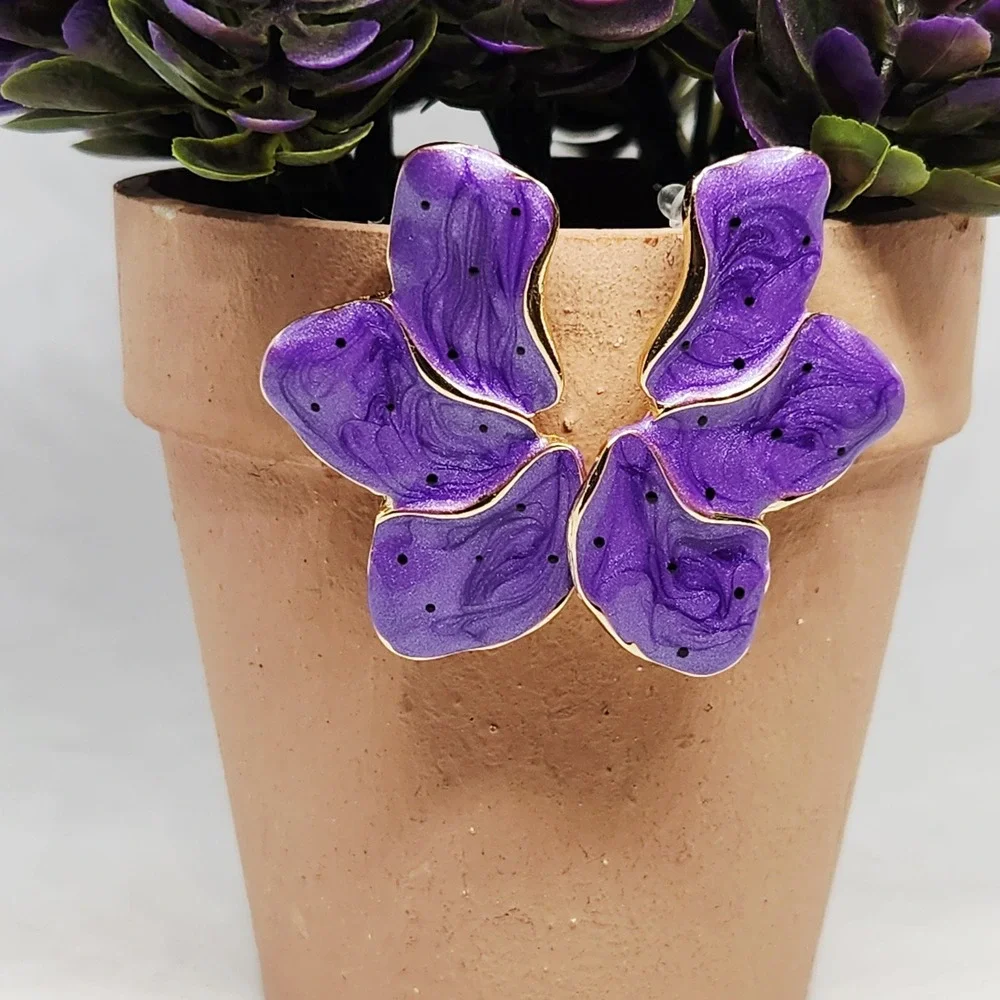 Purple Enamel Abstract Petal‎ Statement Stud Earrings Gold Tone Butterfly Wings